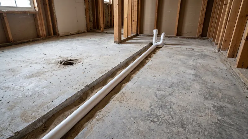Design rendering of a gutted bathroom on a concrete slab with a trench cut across it and a new white drain pipe laid in sand toward a new shower location, the old drain hole beside it