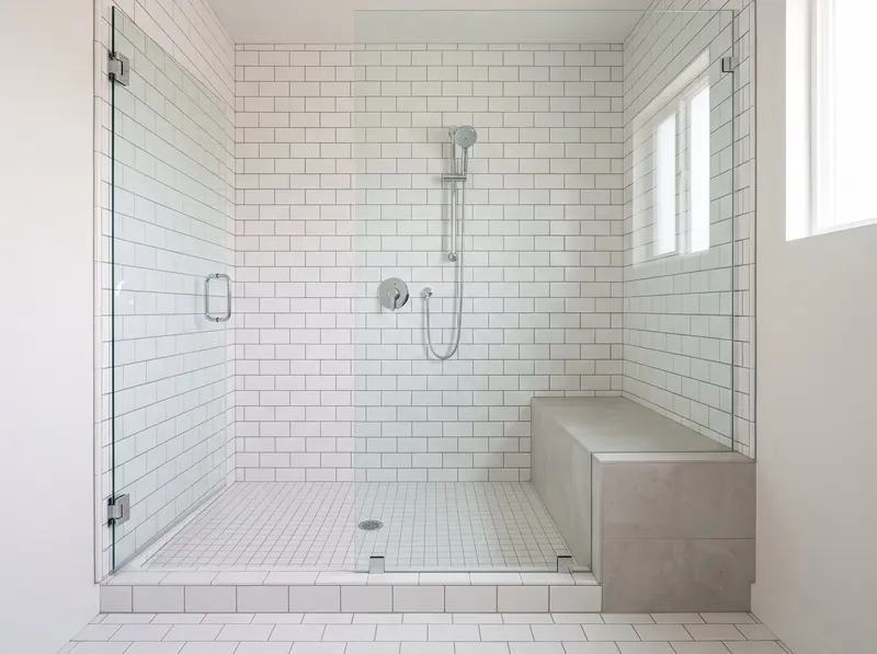 Design rendering of a white subway tile walk-in shower with a tiled bench where a tub used to be