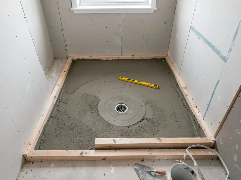 Design rendering of an empty tub alcove with a new sloped mortar bed, one new drain and a framed curb