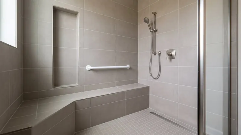 Design rendering of a walk-in shower corner with a tiled bench, an empty recessed niche and a white grab bar on the side wall