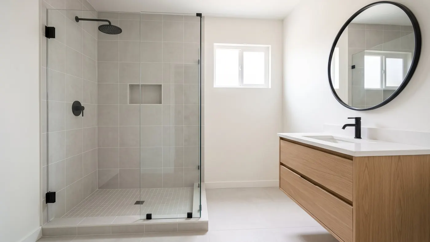 Design rendering of a walk-in shower behind clear glass beside a floating oak vanity and a round mirror