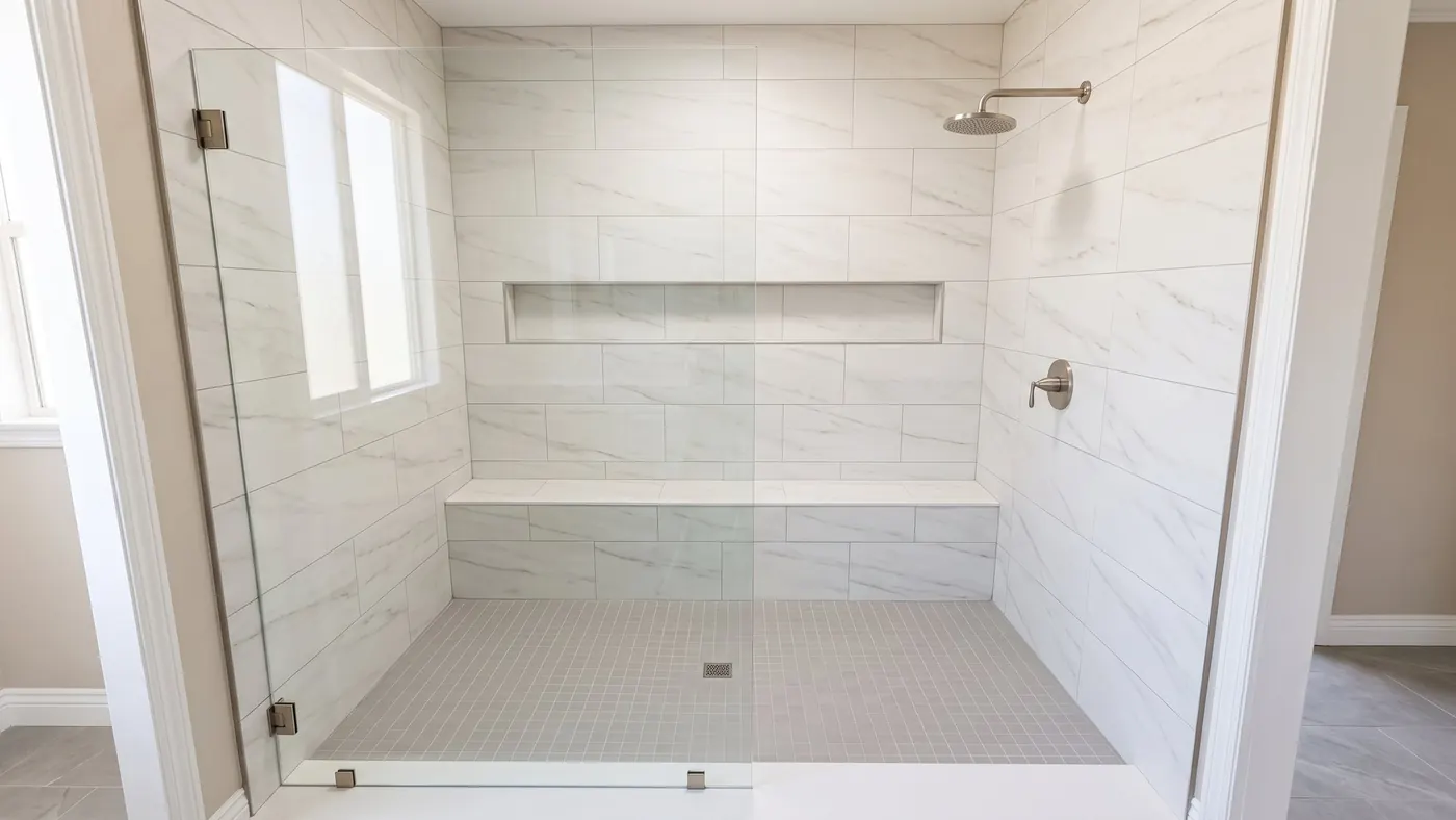 Design rendering of a walk-in shower with large white porcelain tile, a tiled bench, a long niche and a frameless glass panel